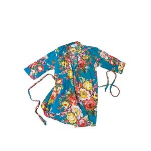 Women M L Sandy Waters Blue Floral Print Wrap Kimono Shrug Top Belted Tie Beach